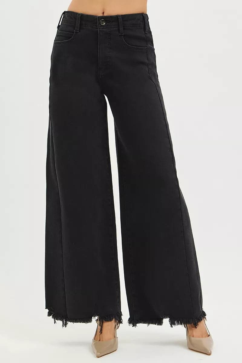 RISEN Tummy Control High Rise Palazzo Leg Frayed Hem Jeans - BLACK / 15 - Thumbnail 3