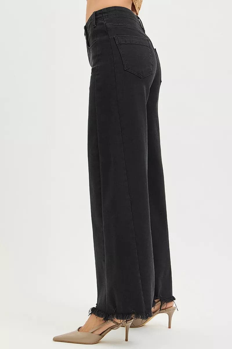 RISEN Tummy Control High Rise Palazzo Leg Frayed Hem Jeans - BLACK / 15 - Thumbnail 4