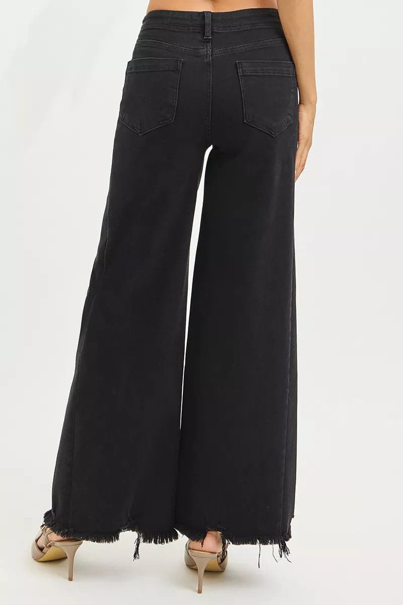 RISEN Tummy Control High Rise Palazzo Leg Frayed Hem Jeans - BLACK / 7 - Thumbnail 5
