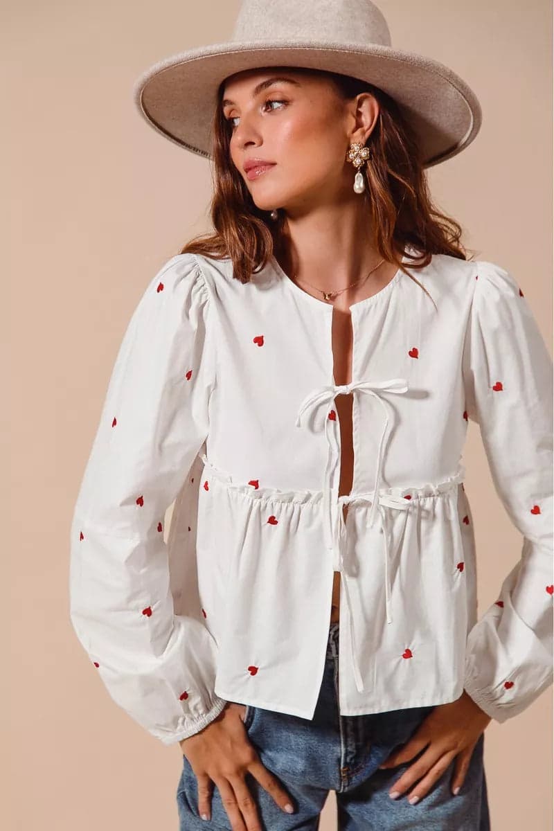 SO ME Front Tie Heart Embroidered Blouse With Puff Sleeve - IVORY / M - Thumbnail 2