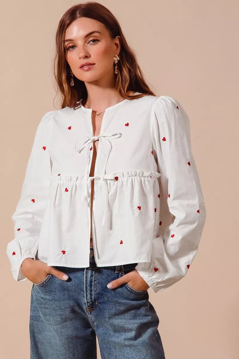 SO ME Front Tie Heart Embroidered Blouse With Puff Sleeve - IVORY / L