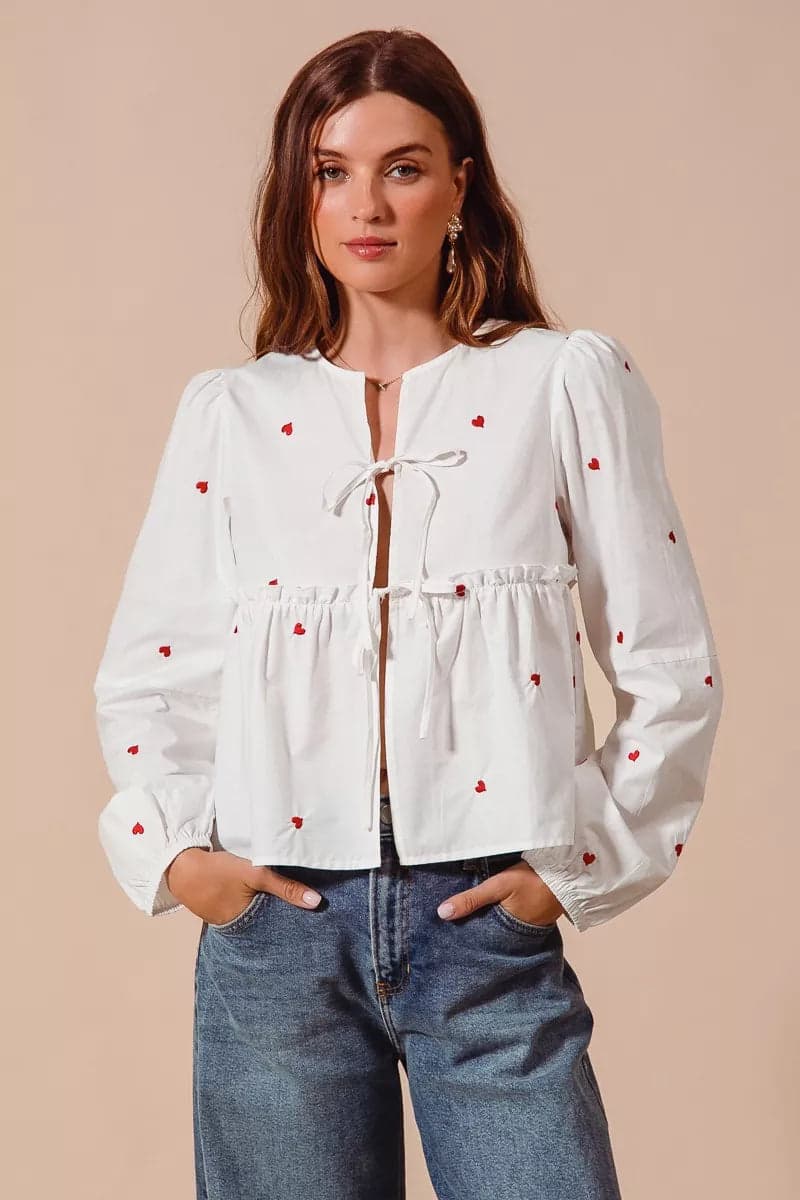SO ME Front Tie Heart Embroidered Blouse With Puff Sleeve - IVORY / L - Thumbnail 9