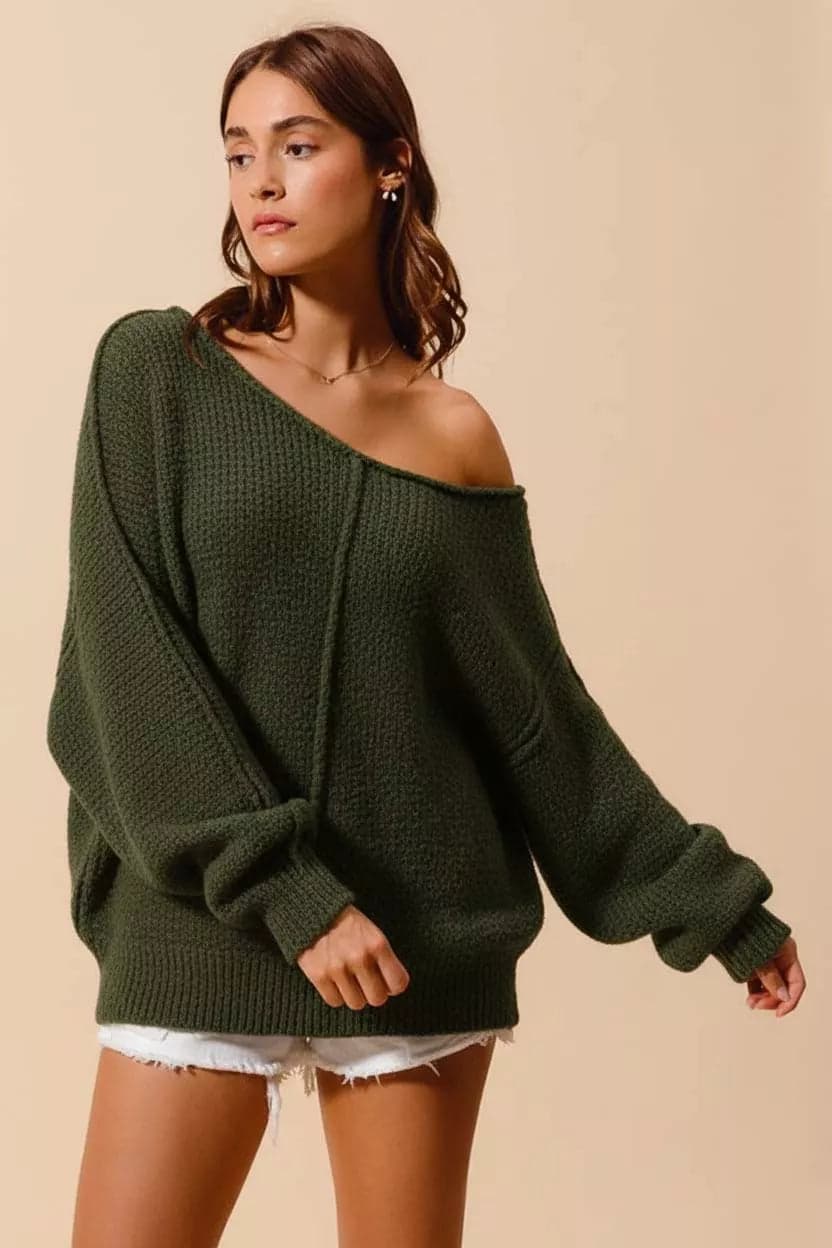 SO ME Loose Fit Exposed Seam Slouchy Boucle Sweater - OLIVE / L