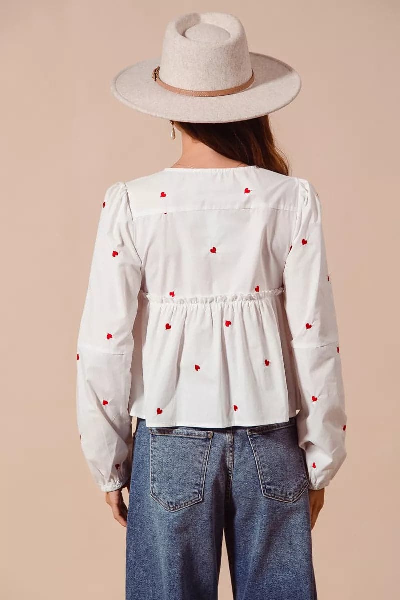 SO ME Front Tie Heart Embroidered Blouse With Puff Sleeve - IVORY / M - Thumbnail 10