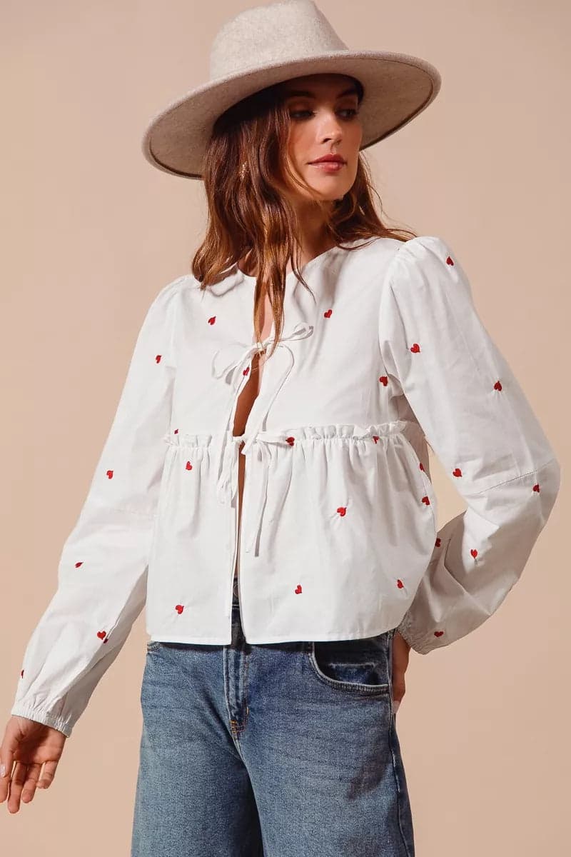 SO ME Front Tie Heart Embroidered Blouse With Puff Sleeve - IVORY / M - Thumbnail 4