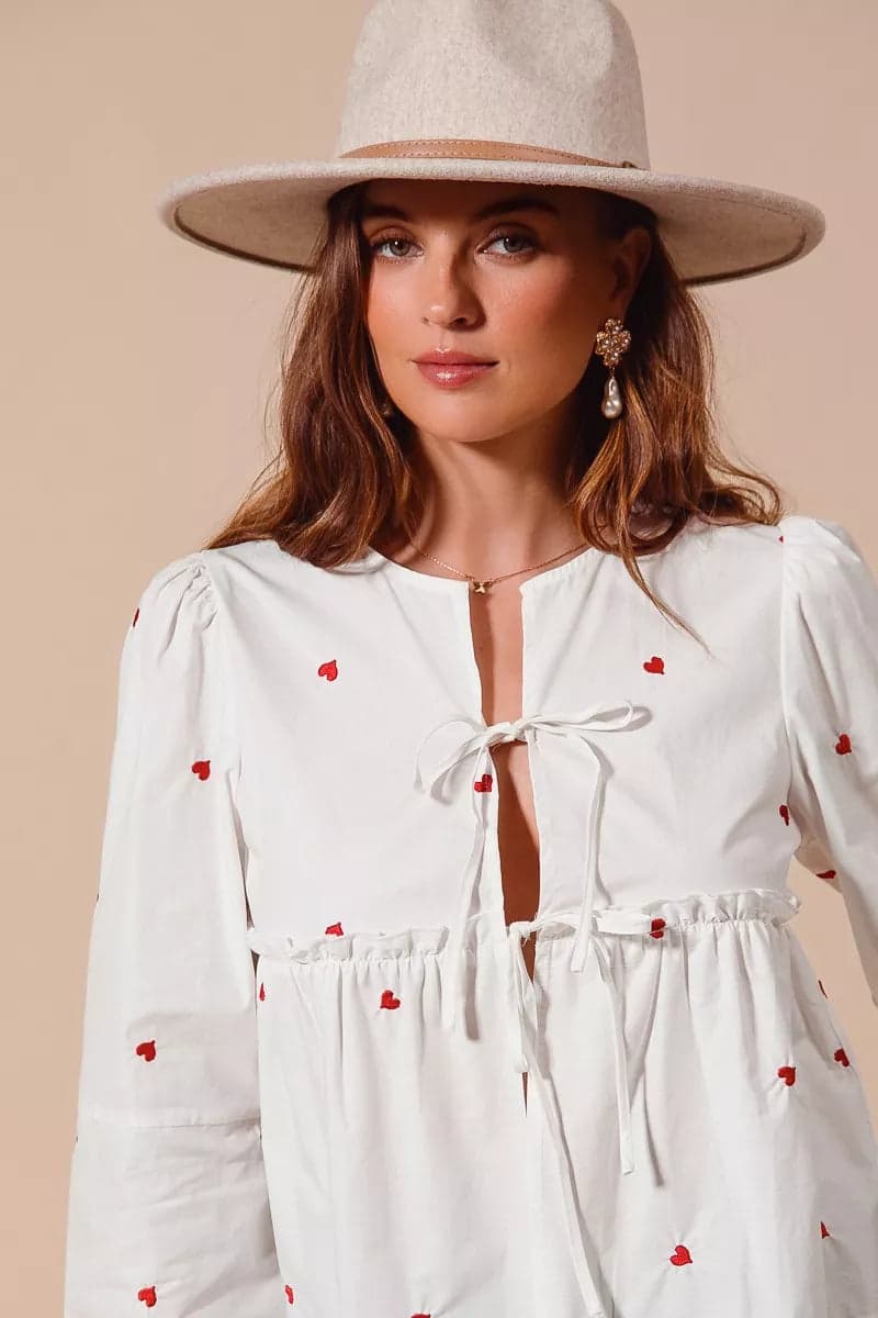 SO ME Front Tie Heart Embroidered Blouse With Puff Sleeve - IVORY / L - Thumbnail 3