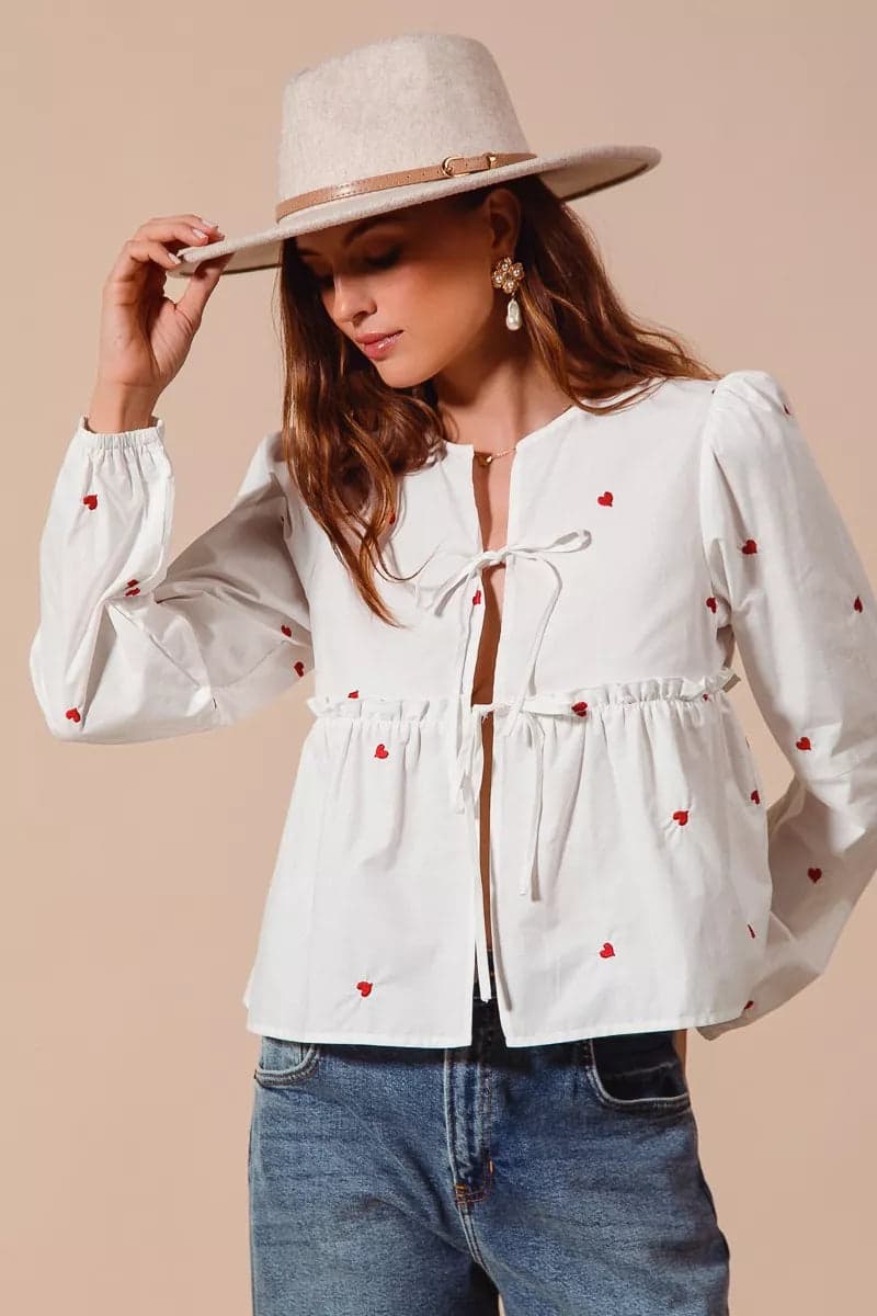 SO ME Front Tie Heart Embroidered Blouse With Puff Sleeve - IVORY / M - Thumbnail 6