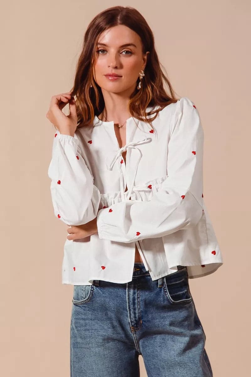 SO ME Front Tie Heart Embroidered Blouse With Puff Sleeve - IVORY / M - Thumbnail 5