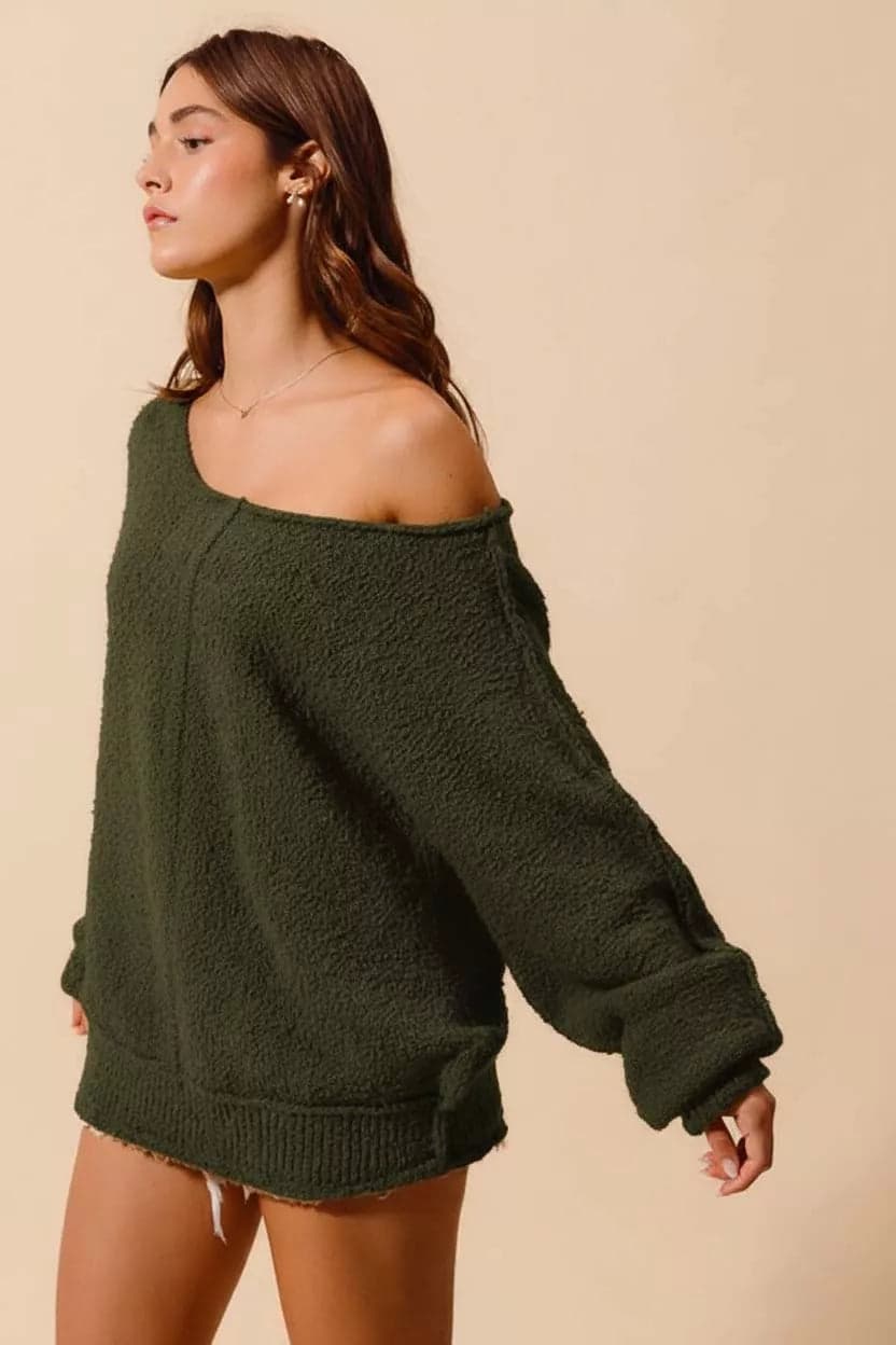 SO ME Loose Fit Exposed Seam Slouchy Boucle Sweater - OLIVE / L - Thumbnail 2