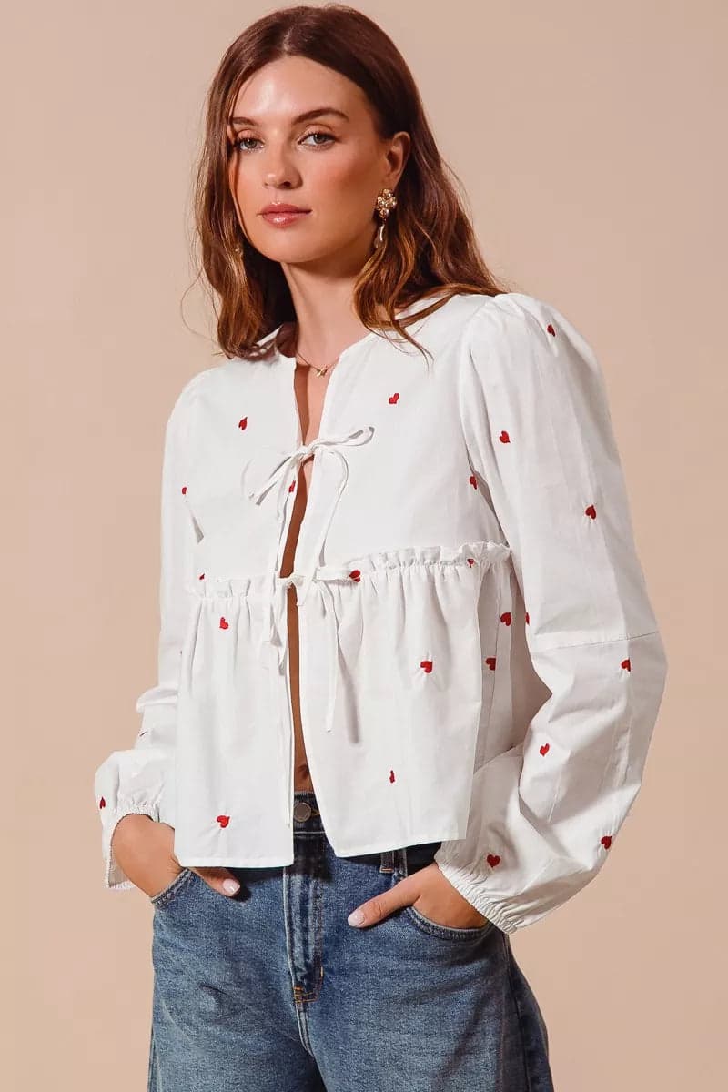 SO ME Front Tie Heart Embroidered Blouse With Puff Sleeve - IVORY / L - Thumbnail 7