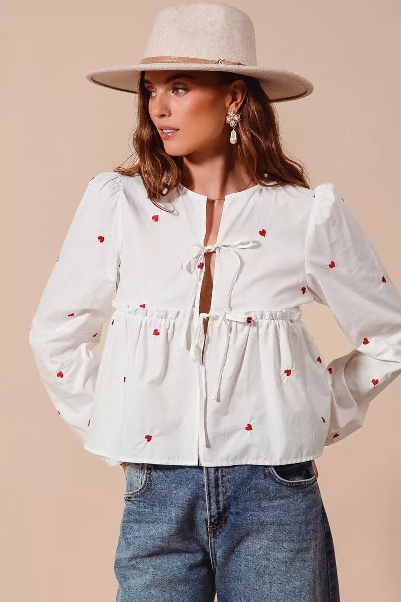 SO ME Front Tie Heart Embroidered Blouse With Puff Sleeve - IVORY / M - Thumbnail 8