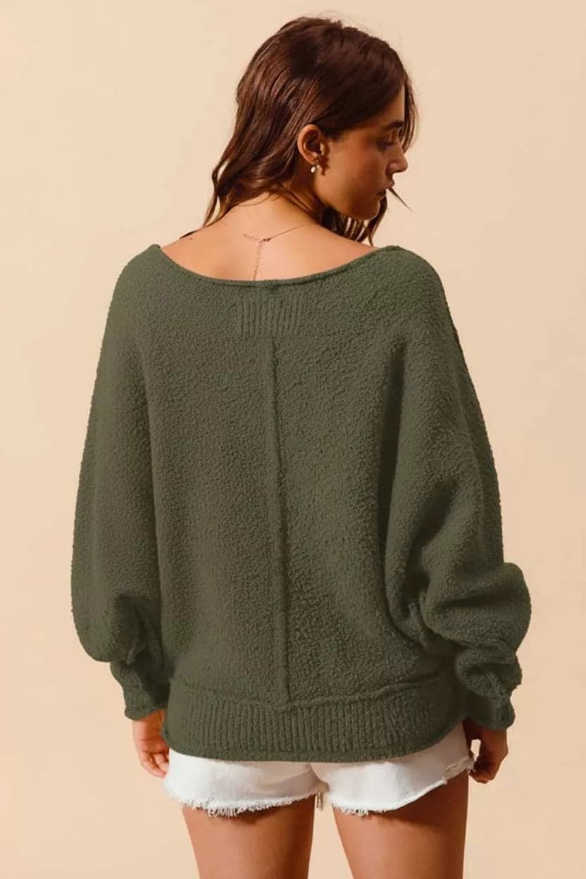 SO ME Loose Fit Exposed Seam Slouchy Boucle Sweater - OLIVE / S - Thumbnail 3