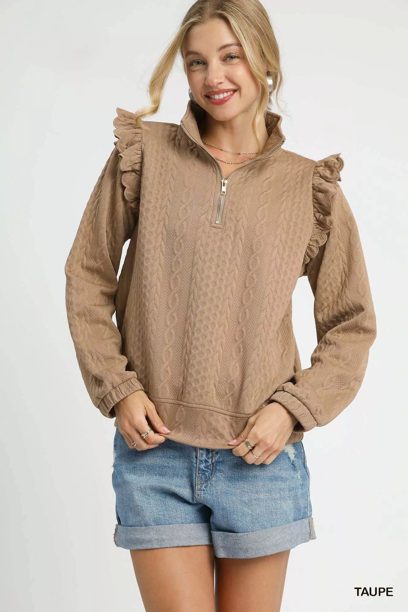 Umgee Cable Knit Textured Pullover with Ruffle Shoulders - Taupe / XS