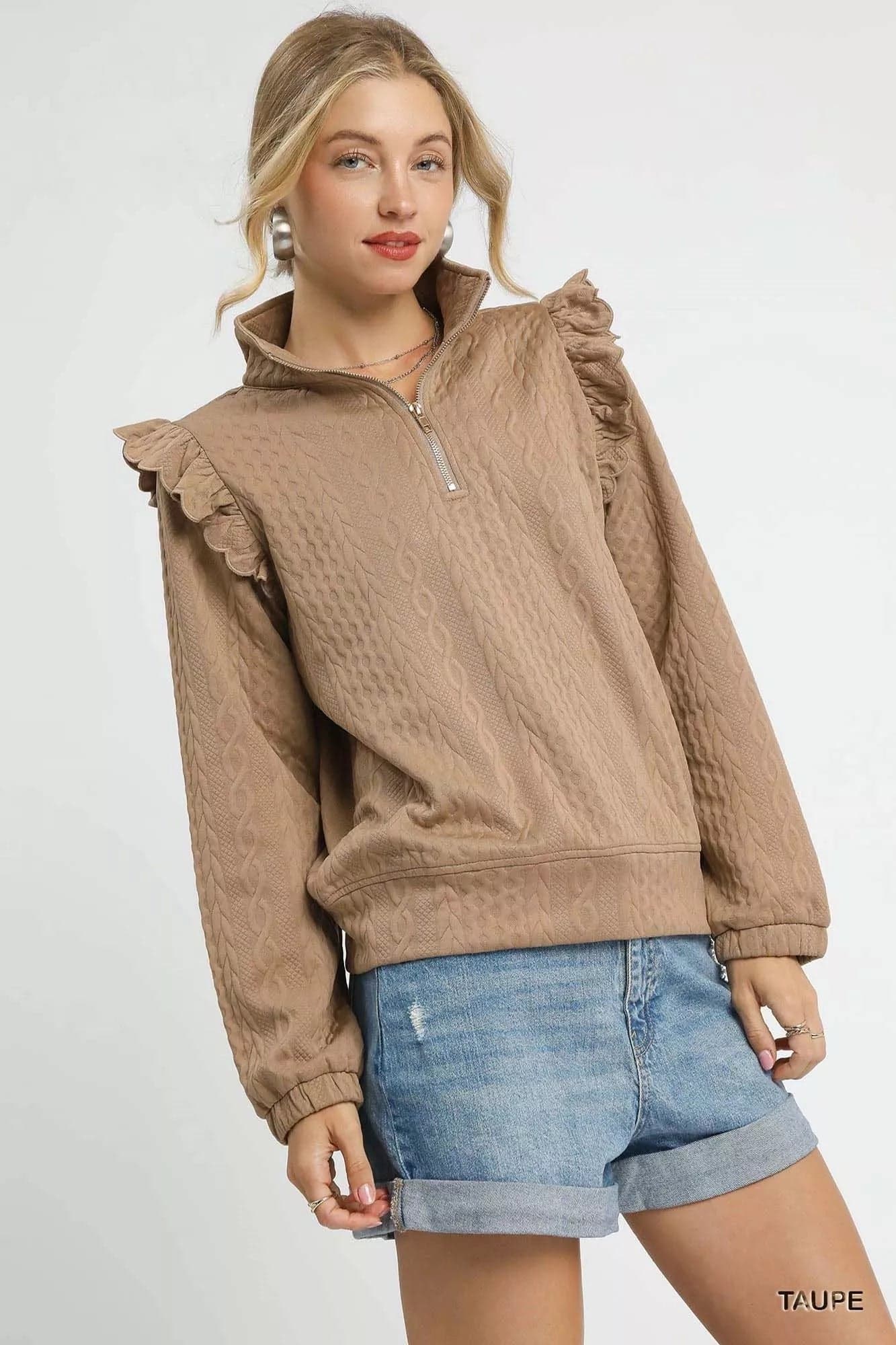 Umgee Cable Knit Textured Pullover with Ruffle Shoulders - Taupe / S - Thumbnail 2