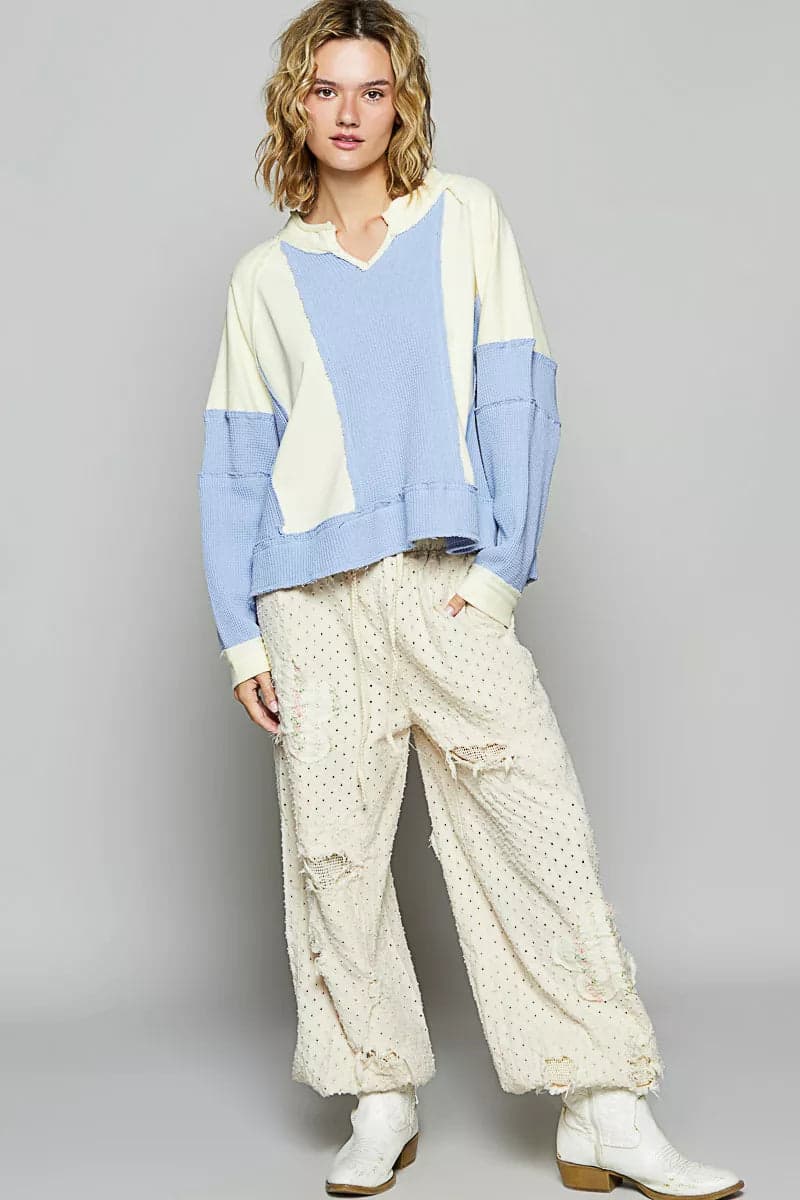 POL Color Block Waffle Knit Raw Hem Sweatshirt - CREAM MULTI / M - Thumbnail 5