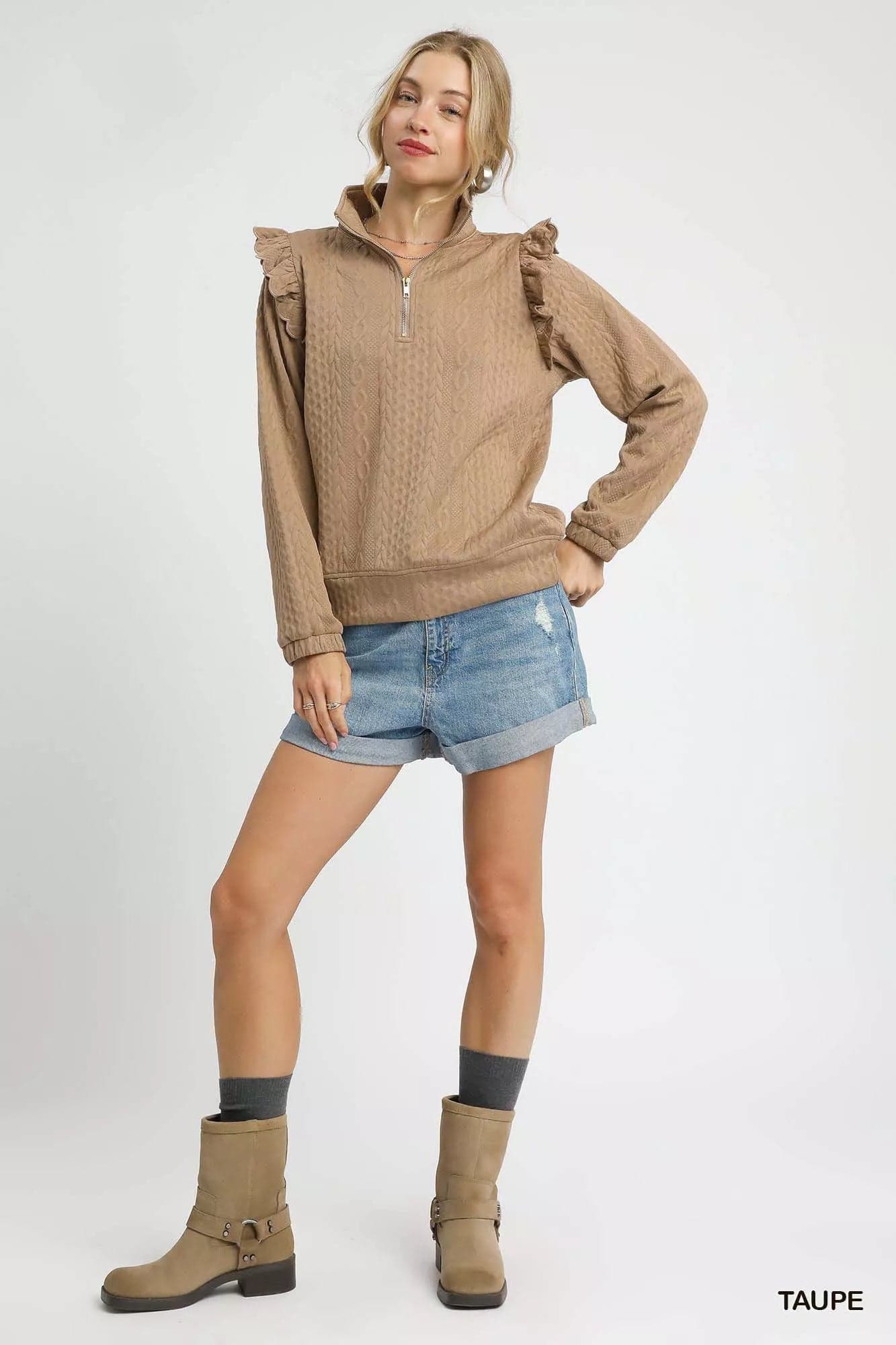 Umgee Cable Knit Textured Pullover with Ruffle Shoulders - Taupe / S - Thumbnail 4