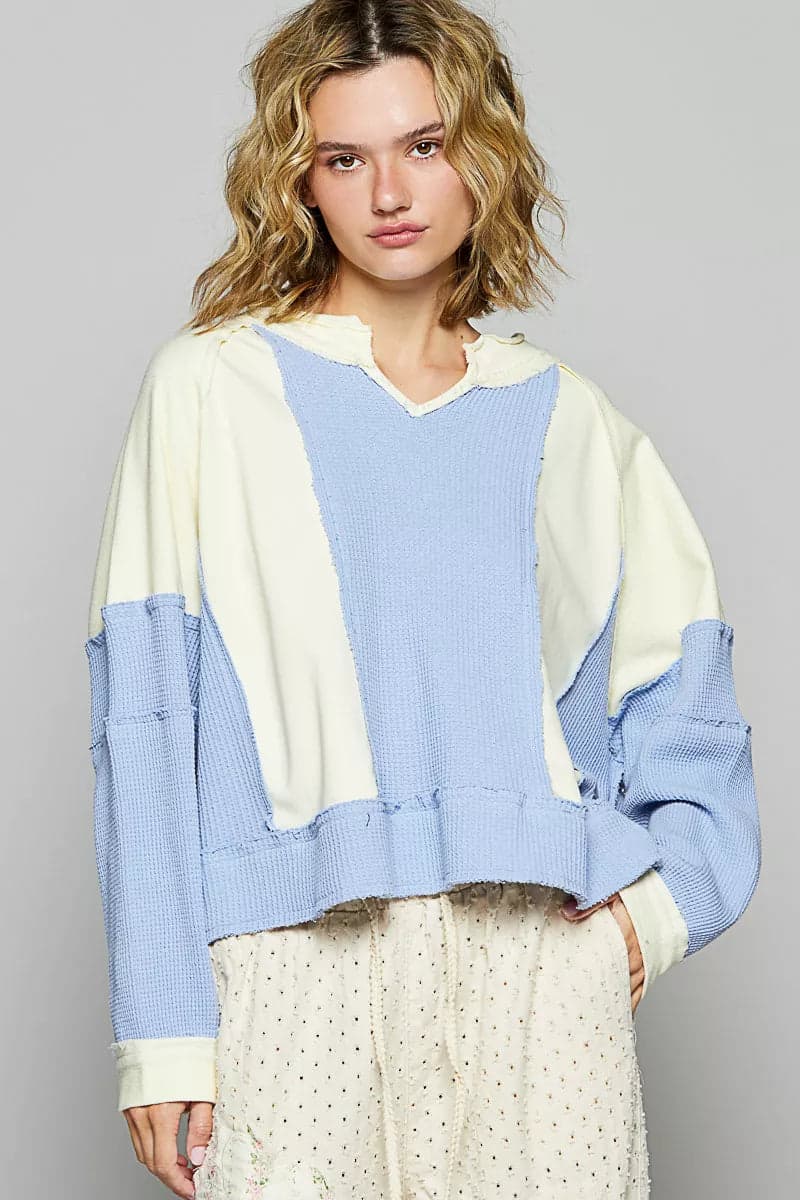 POL Color Block Waffle Knit Raw Hem Sweatshirt - CREAM MULTI / M