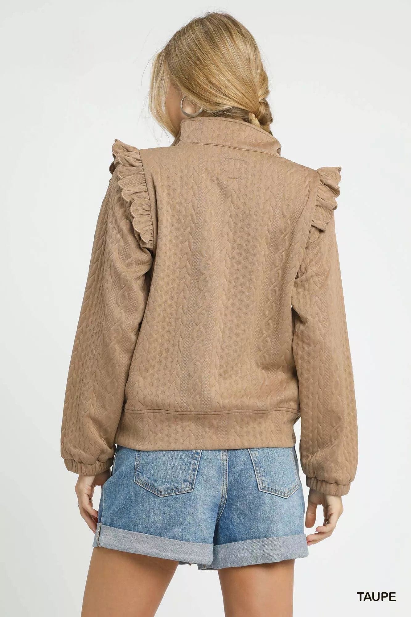 Umgee Cable Knit Textured Pullover with Ruffle Shoulders - Taupe / XS - Thumbnail 3