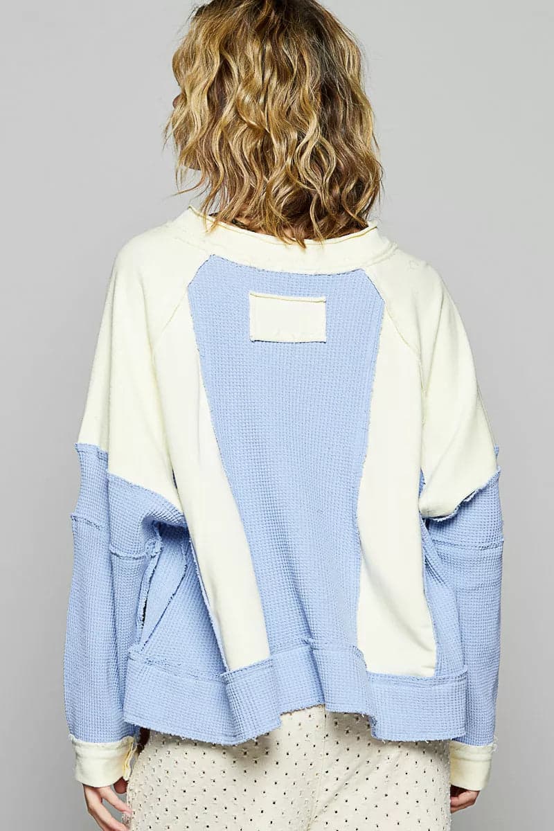POL Color Block Waffle Knit Raw Hem Sweatshirt - CREAM MULTI / M - Thumbnail 4