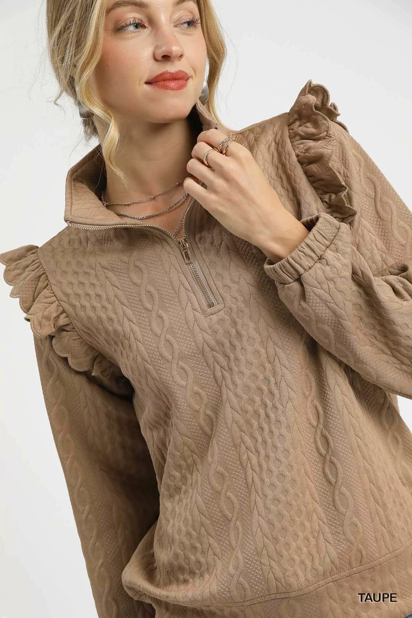 Umgee Cable Knit Textured Pullover with Ruffle Shoulders - Taupe / S - Thumbnail 5