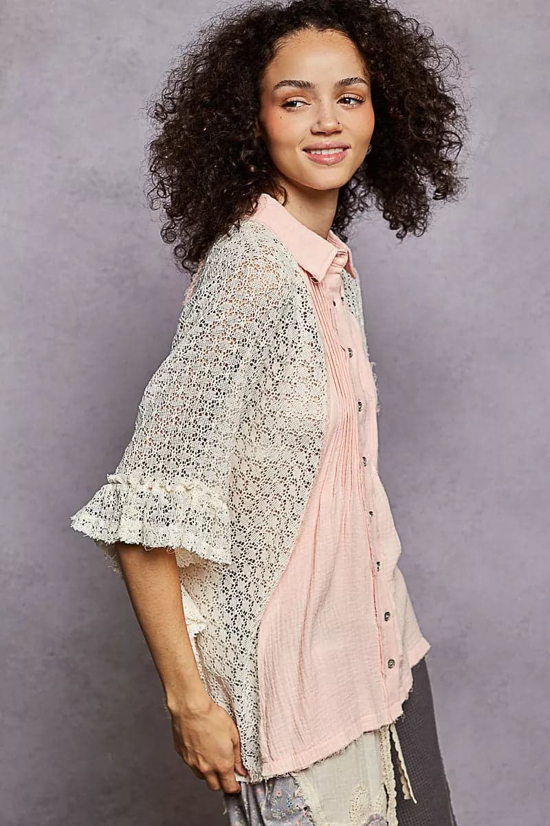 POL Button Down Front Pleated Shirt with Crochet Patch - BABY PINK / M - Thumbnail 3