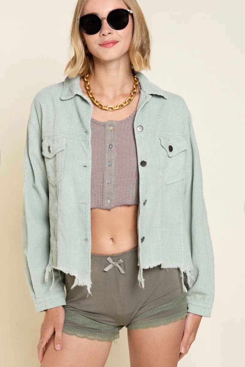 POL Button Down Corduroy Trucker Jacket - Sage / L