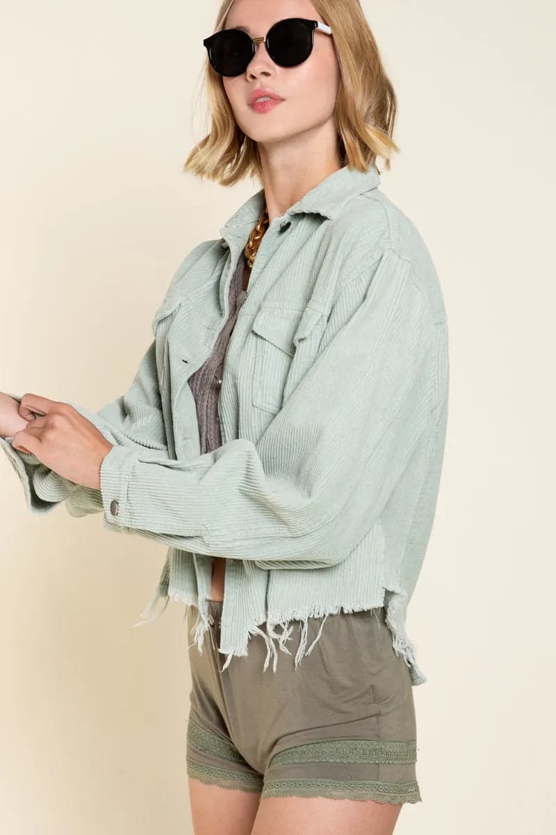 POL Button Down Corduroy Trucker Jacket - Sage / L - Thumbnail 2