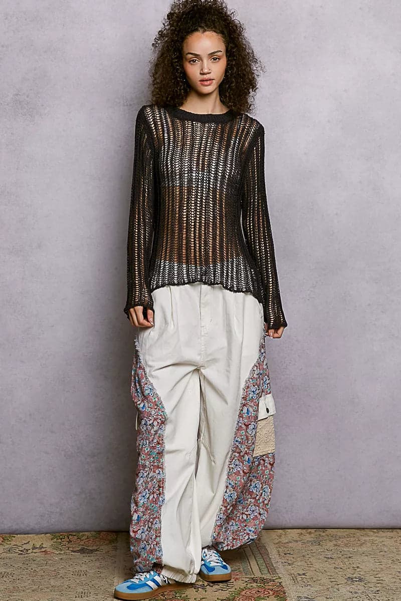 POL Openwork Round Neck Knit Cover Up - CHARCOAL / L - Thumbnail 5