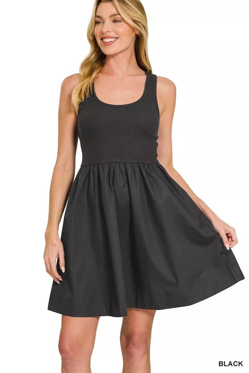 Zenana Combined Knit & Woven Midi Dress - BLACK / S