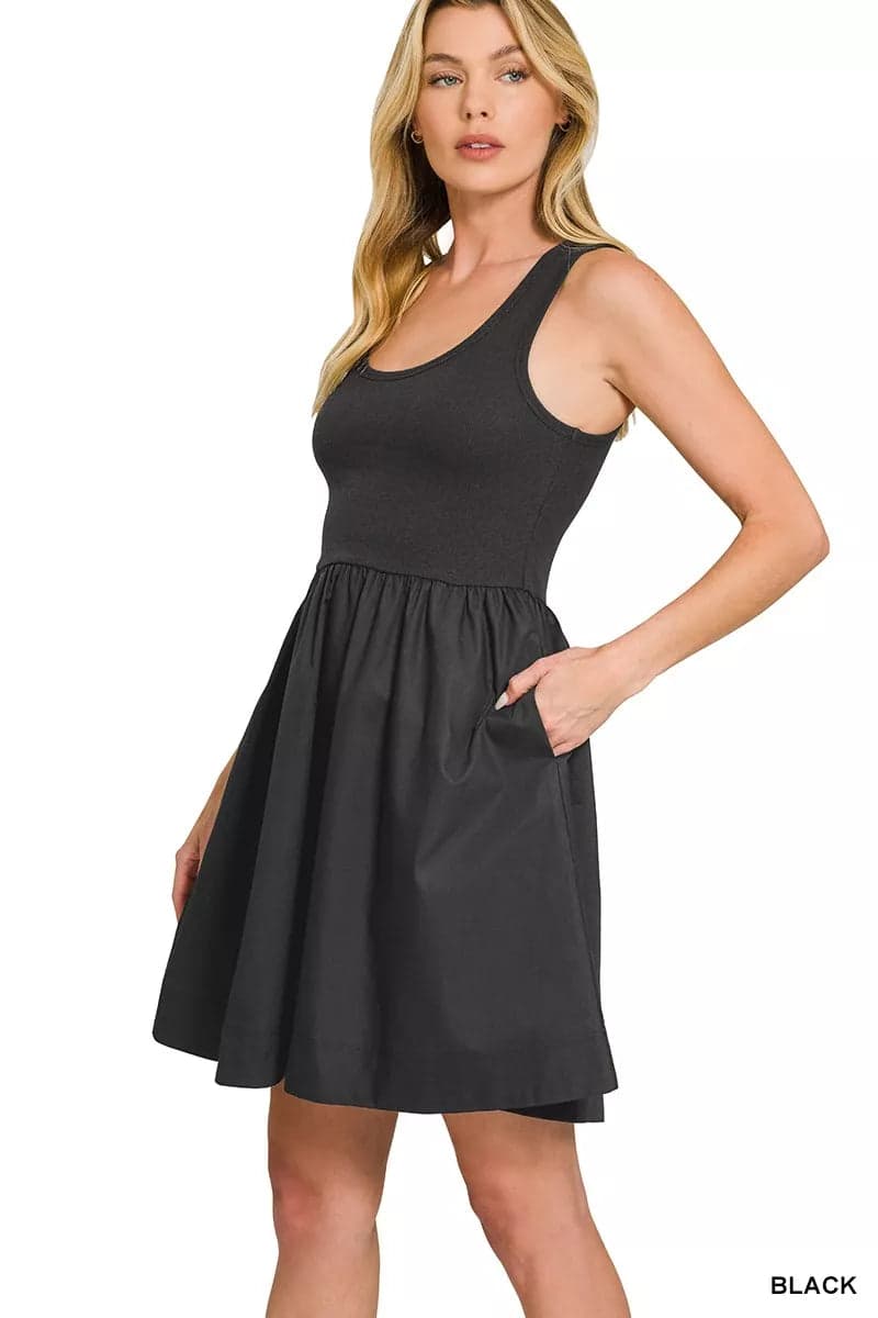 Zenana Combined Knit & Woven Midi Dress - BLACK / S - Thumbnail 2