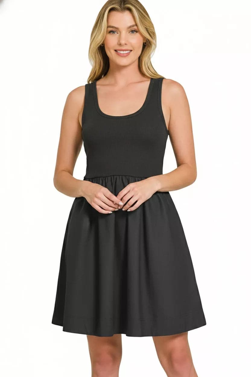 Zenana Combined Knit & Woven Midi Dress - BLACK / S - Thumbnail 3