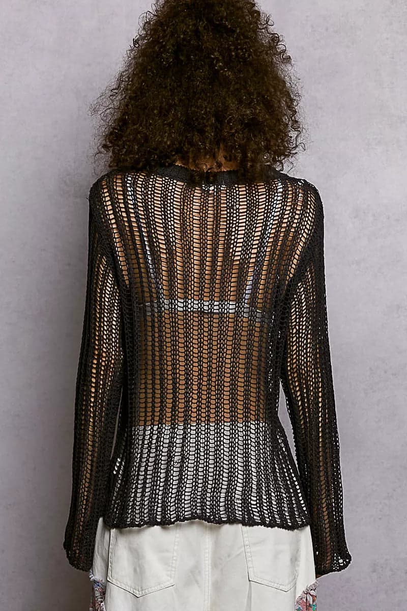 POL Openwork Round Neck Knit Cover Up - CHARCOAL / M - Thumbnail 4