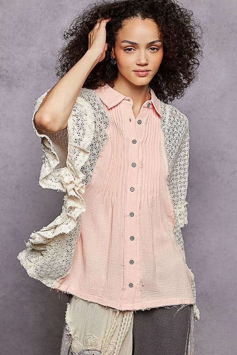 POL Button Down Front Pleated Shirt with Crochet Patch - BABY PINK / S