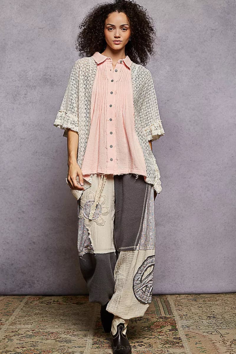 POL Button Down Front Pleated Shirt with Crochet Patch - BABY PINK / S - Thumbnail 5