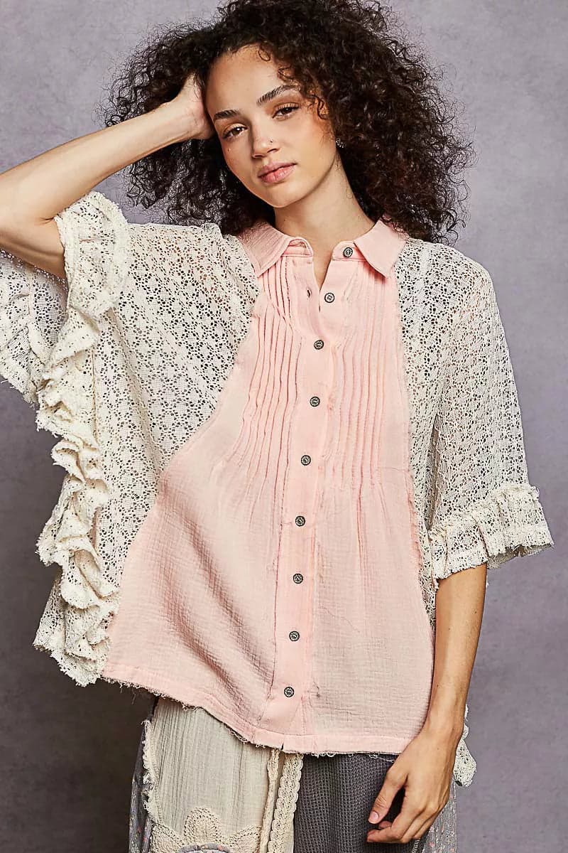 POL Button Down Front Pleated Shirt with Crochet Patch - BABY PINK / M - Thumbnail 2