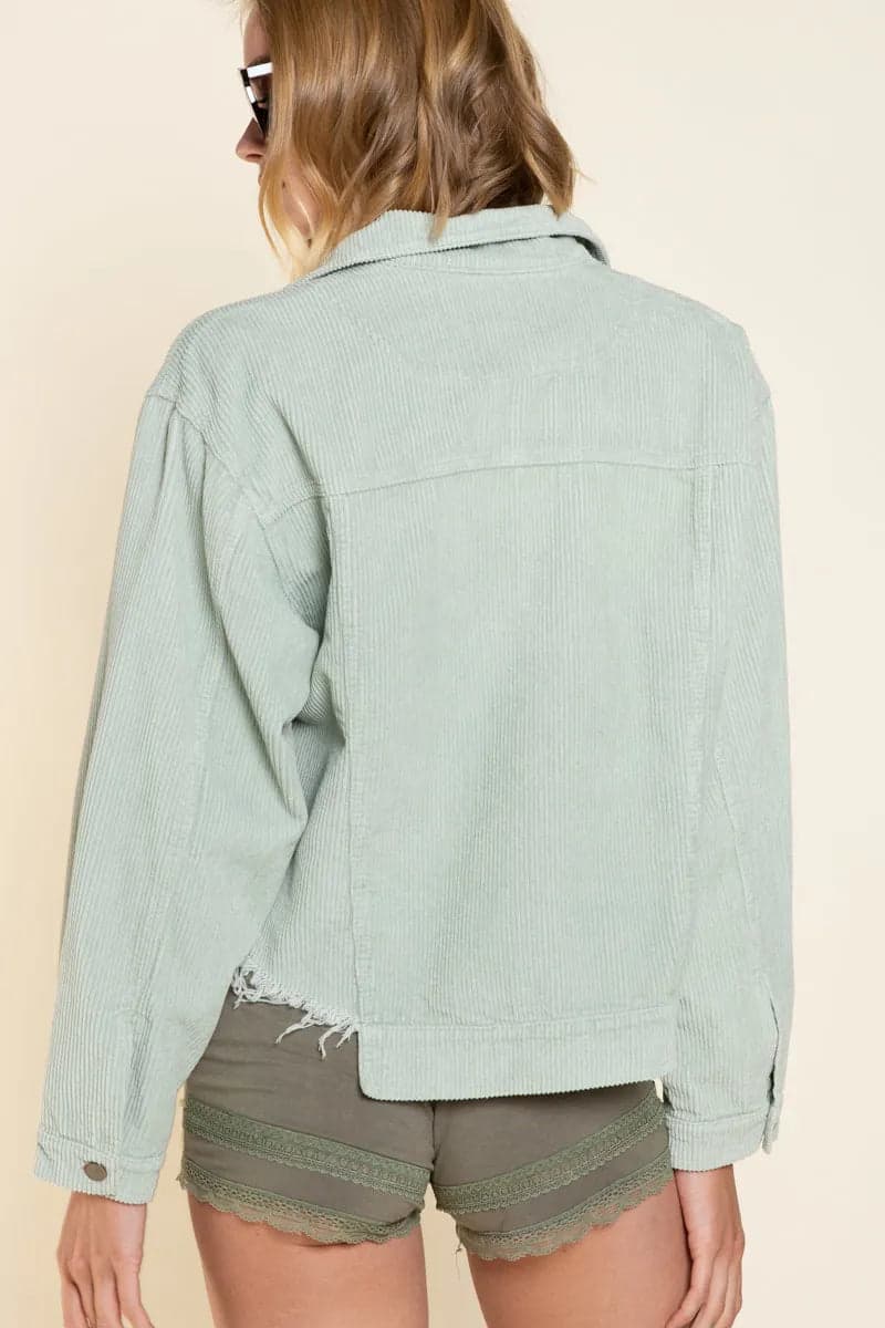 POL Button Down Corduroy Trucker Jacket - Sage / L - Thumbnail 3