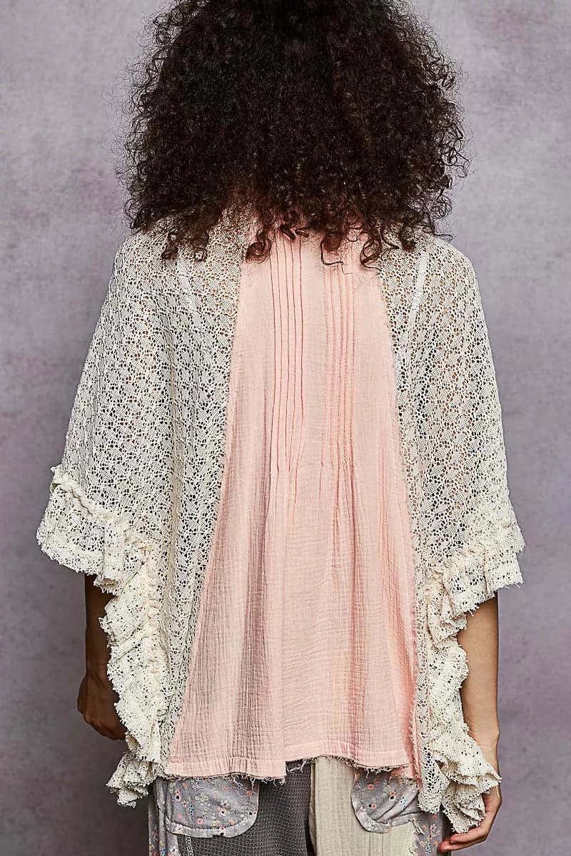 POL Button Down Front Pleated Shirt with Crochet Patch - BABY PINK / M - Thumbnail 4
