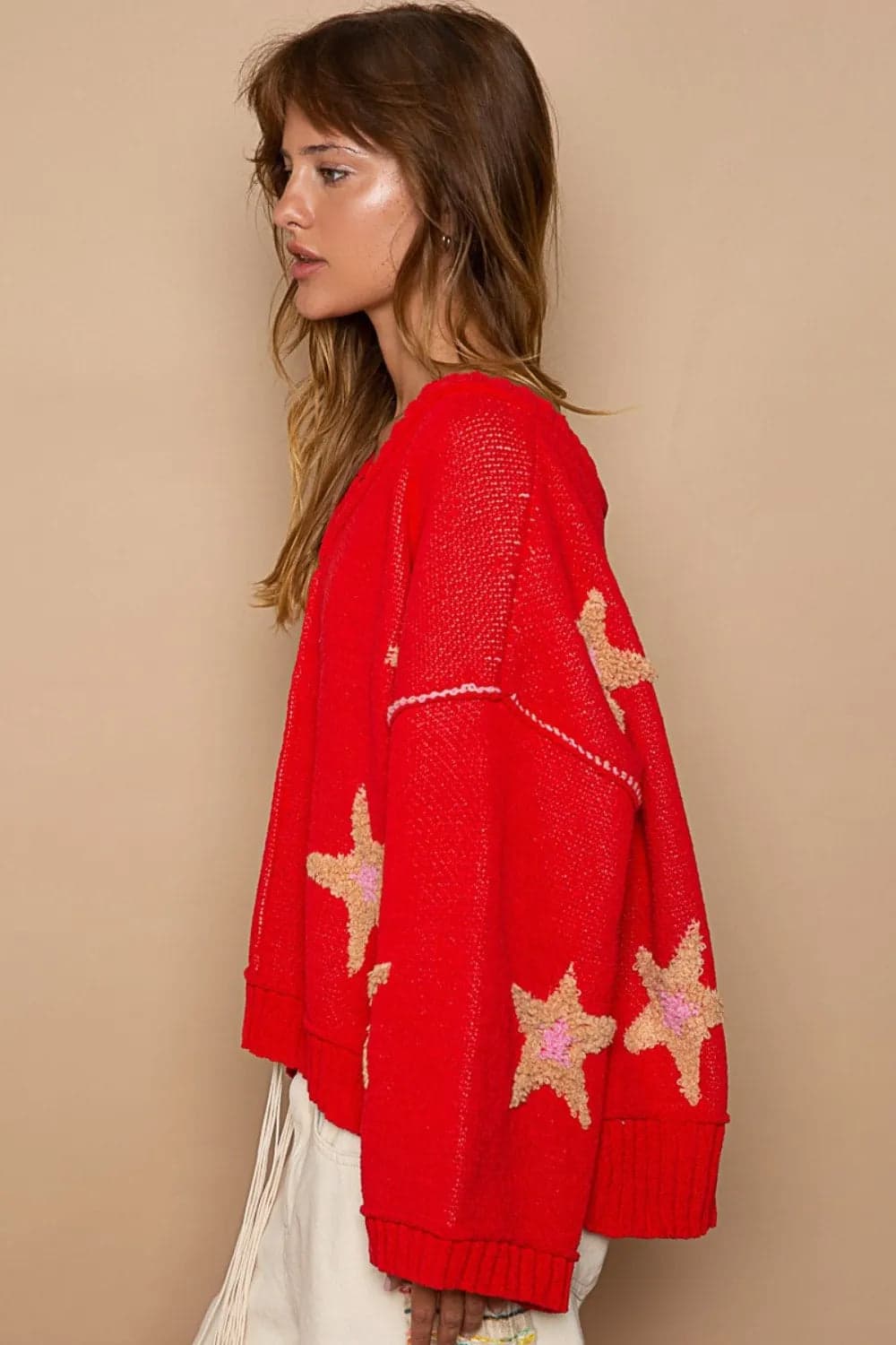 POL Long Sleeve Star Patch Sweater - Apple Red / M - Thumbnail 2
