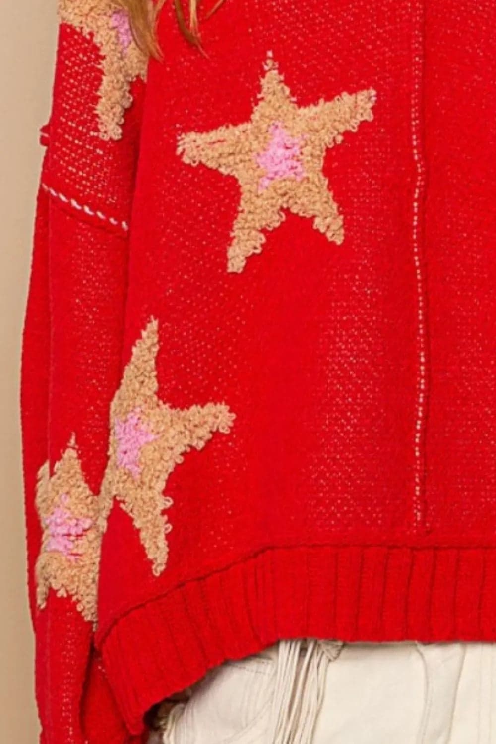 POL Long Sleeve Star Patch Sweater - Apple Red / M - Thumbnail 3