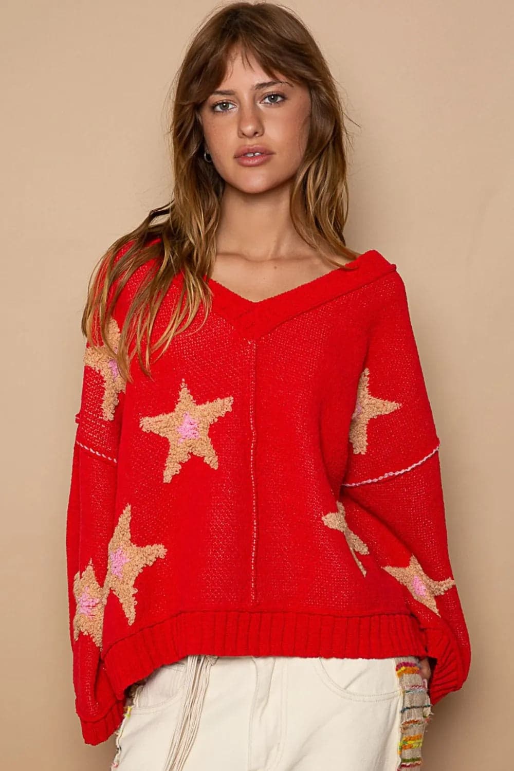 POL Long Sleeve Star Patch Sweater - Apple Red / M