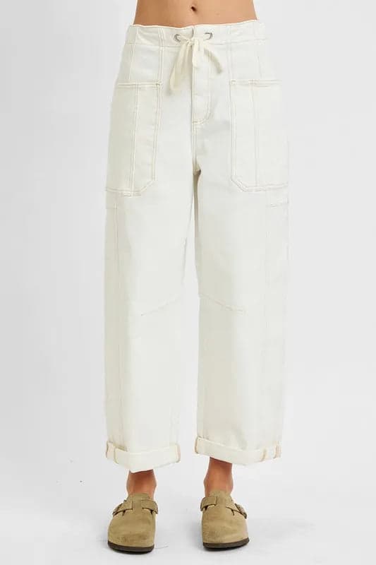 RISEN Full Size High Rise Crop Wide Barrel Cargo Pocket Jeans Plus Size - Cream / 2XL