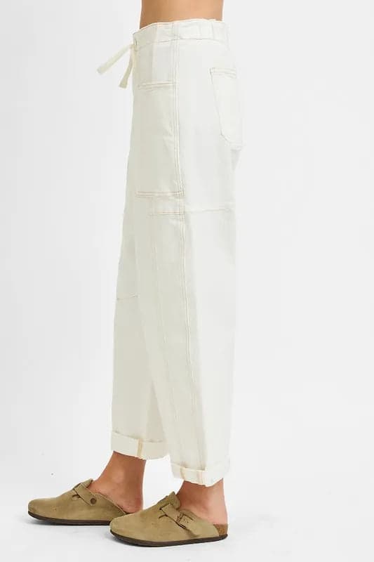 RISEN Full Size High Rise Crop Wide Barrel Cargo Pocket Jeans Plus Size - Cream / 2XL - Thumbnail 4