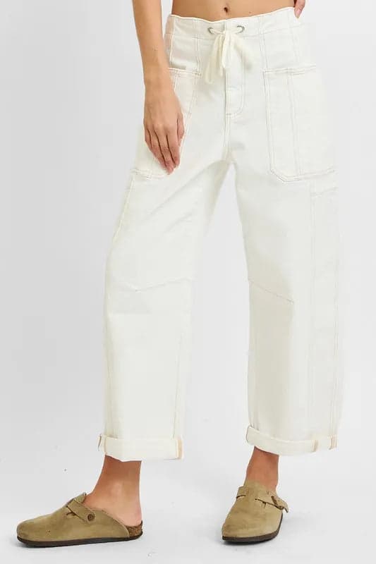 RISEN Full Size High Rise Crop Wide Barrel Cargo Pocket Jeans Plus Size - Cream / 1XL - Thumbnail 3