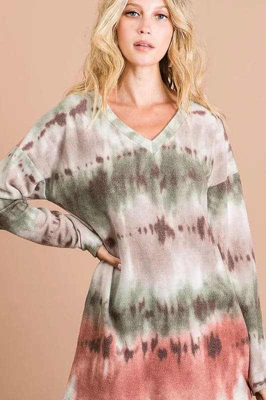 BiBi Brushed Tie Dye Looking Print V Neck Top - OLIVE/TAUPE/RUST / S - Thumbnail 2