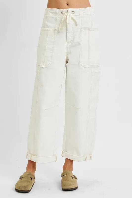 RISEN Full Size High Rise Crop Wide Barrel Cargo Pocket Jeans Plus Size - Cream / 2XL - Thumbnail 2