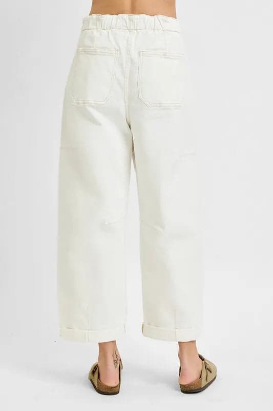 RISEN Full Size High Rise Crop Wide Barrel Cargo Pocket Jeans Plus Size - Cream / 1XL - Thumbnail 5