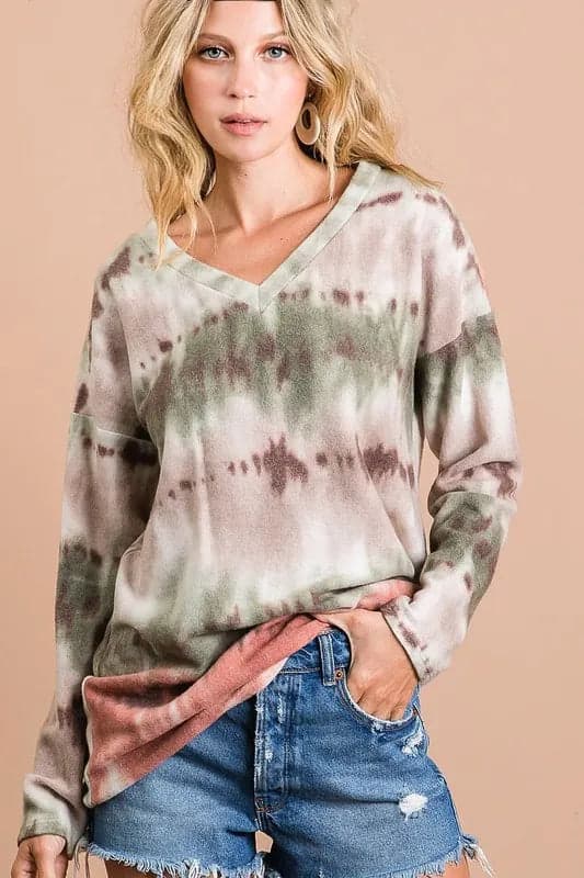 BiBi Brushed Tie Dye Looking Print V Neck Top - OLIVE/TAUPE/RUST / M - Thumbnail 10
