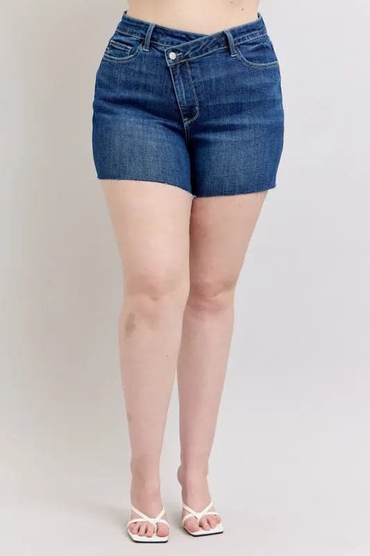 Judy Blue Full Size High Waist Criss-Cross Waistband Denim Shorts Plus Size - DK / S - Thumbnail 11