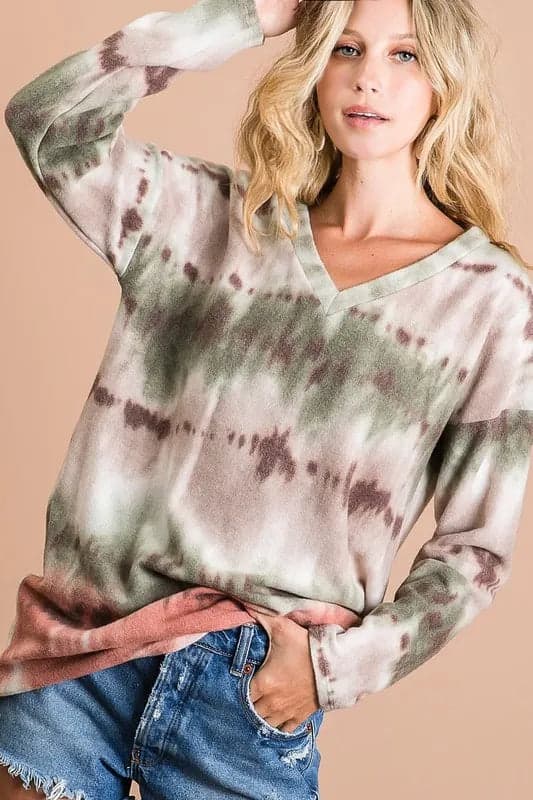 BiBi Brushed Tie Dye Looking Print V Neck Top - OLIVE/TAUPE/RUST / XL - Thumbnail 5