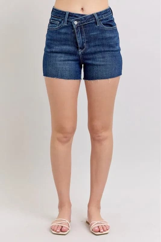 Judy Blue Full Size High Waist Criss-Cross Waistband Denim Shorts Plus Size - DK / S - Thumbnail 2